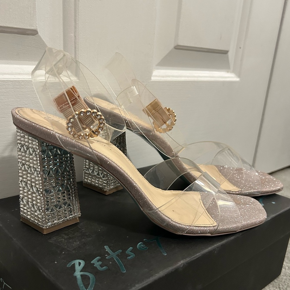 Betsey Johnson Clear Sparkly Rhinestone Ankle-Strap Heels
